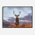 Obraz w ramie 100x70 - Jeleń w Uśpionym Krajobrazie - jeleń na tle gór, ośnieżone góry - rama czarna