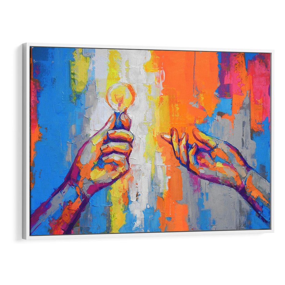 Obraz w ramie 120x80 - Refrakcje wewnętrznego światła - abstrakcyjne dzieło, dłoń trzyma żarówkę - rama biała