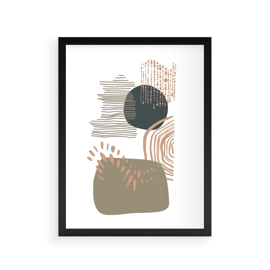 Plakat w ramie 30x40 - Taniec Plam - abstrakcyjna kompozycja z kropek kresek i kółek, odcienie brązu i beżu - rama czarna