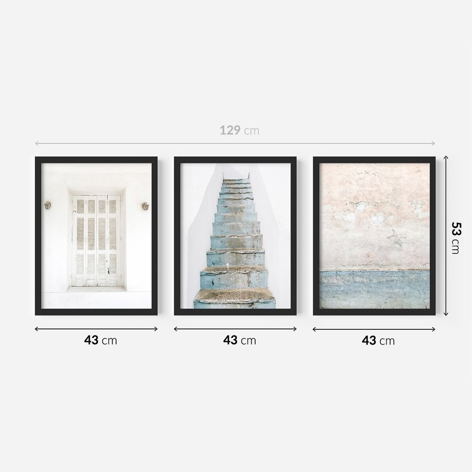Zestaw obrazy w ramie 40x50 galeria - Turkus, Grecja, schody, okiennice - rama czarna