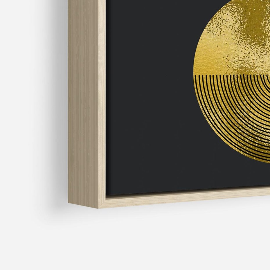 Obraz w ramie 80x80 - Migotliwe Przeniknięcia - złote koła, czarne tło - rama drewno