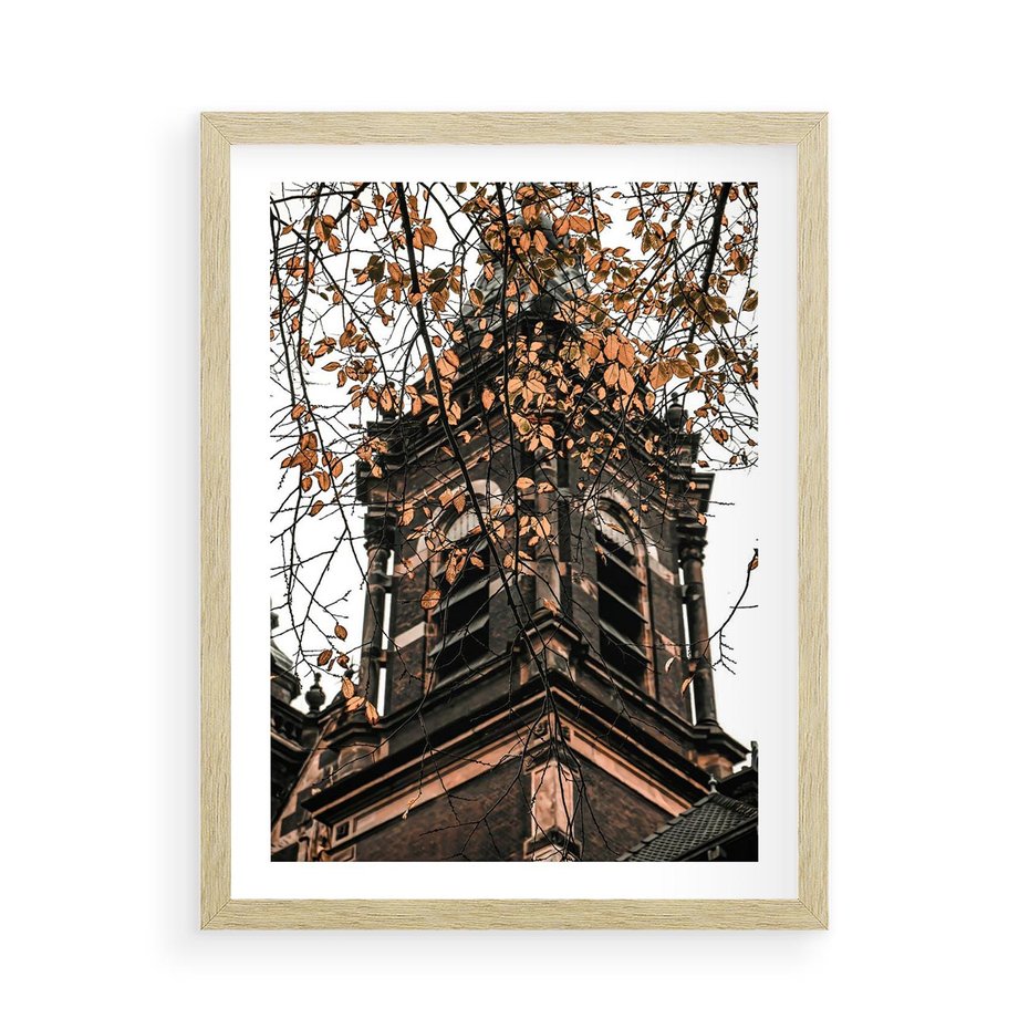 Plakat w ramie 50x70 - Jesienna Wieża w Liściach - architektura, wieża - rama drewno