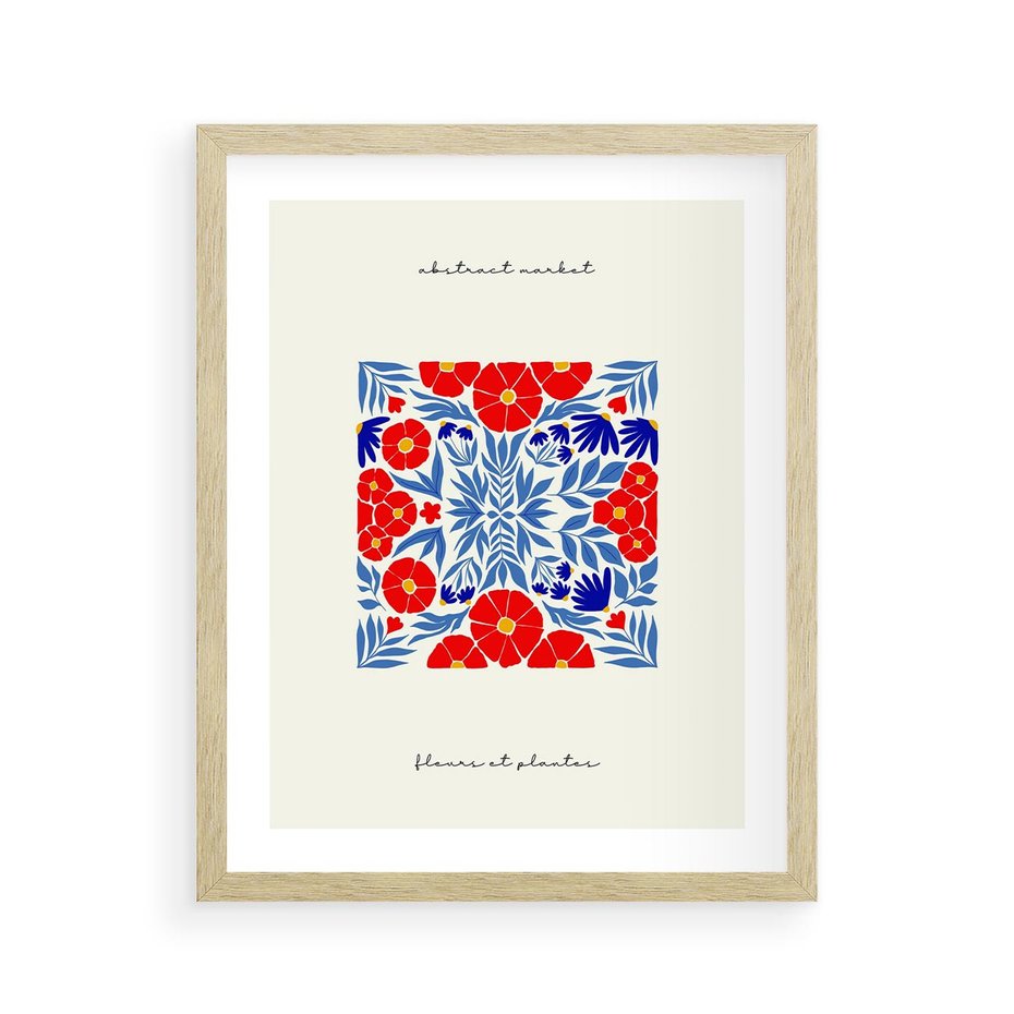 Plakat w ramie 40x50 - Tajemnicza Droga - nowoczesna kwiatowa kompozycja, czerwony i niebieski - rama drewno