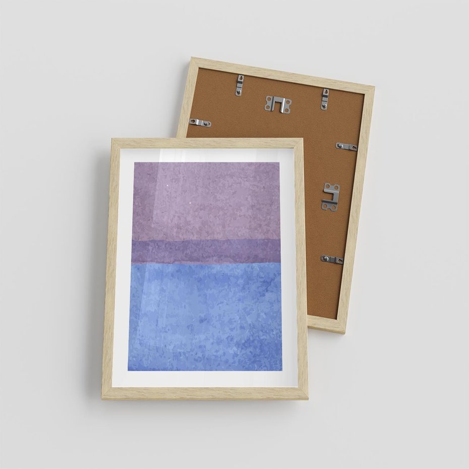 Plakat w ramie 30x40 - Taniec Światła - kolorowe akwarelowe pasy, odcienie fiolet - rama drewno