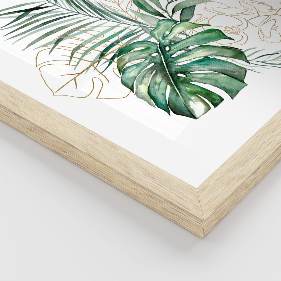 Zestaw obrazy w ramie 30x40 galeria - Liście, monstera, palma, złote, akwarela - rama drewno