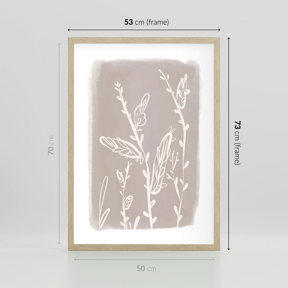 Plakat w ramie 50x70 - Roślinne Przeniknięcia - nowoczesny subtelny plakat, beżowy - rama drewno