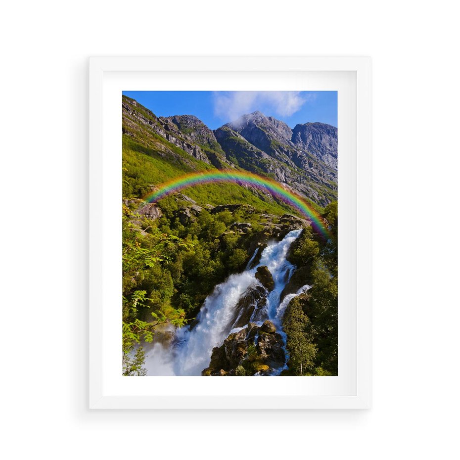 Plakat w ramie 40x50 - Tęczowe góry - harmonia kolorów - tęcza, góry - rama biała