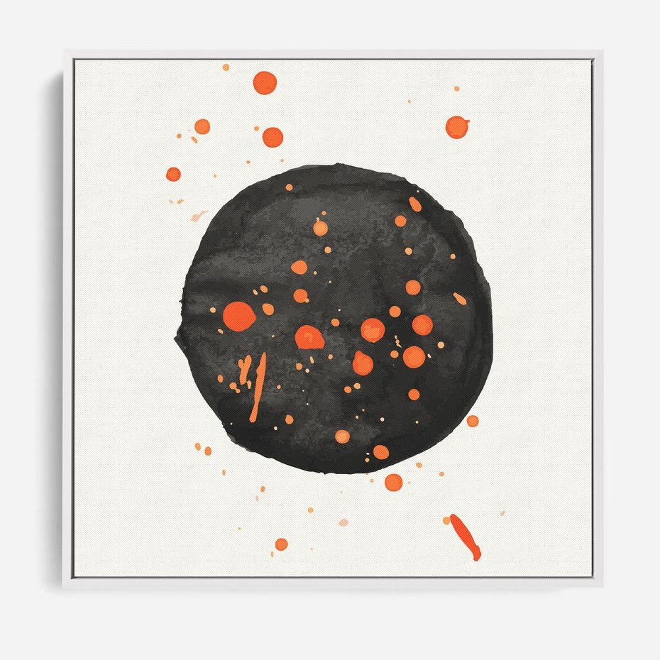 Obraz w ramie 50x50 - Impulsy Kreatywności - abstrakcyjna czarna plama, rozsiane pomarańczowe kropki - rama biała