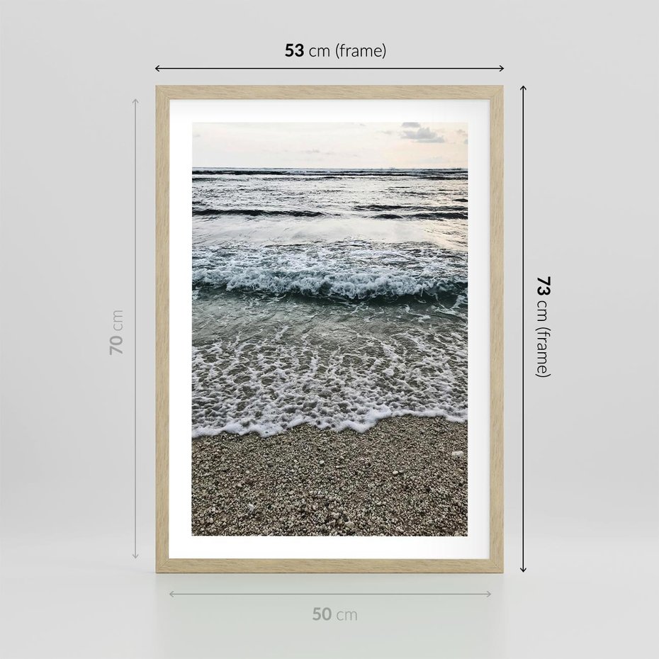 Plakat w ramie 50x70 - Spokojna Plaża - plaża, żwirek - rama drewno