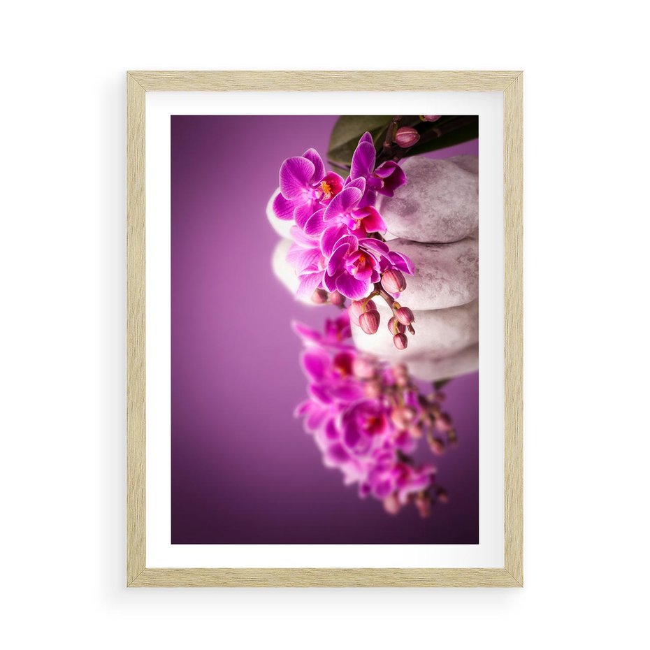 Plakat w ramie 50x70 - Relaksująca orchidea w spa - spa, orchidea - rama drewno
