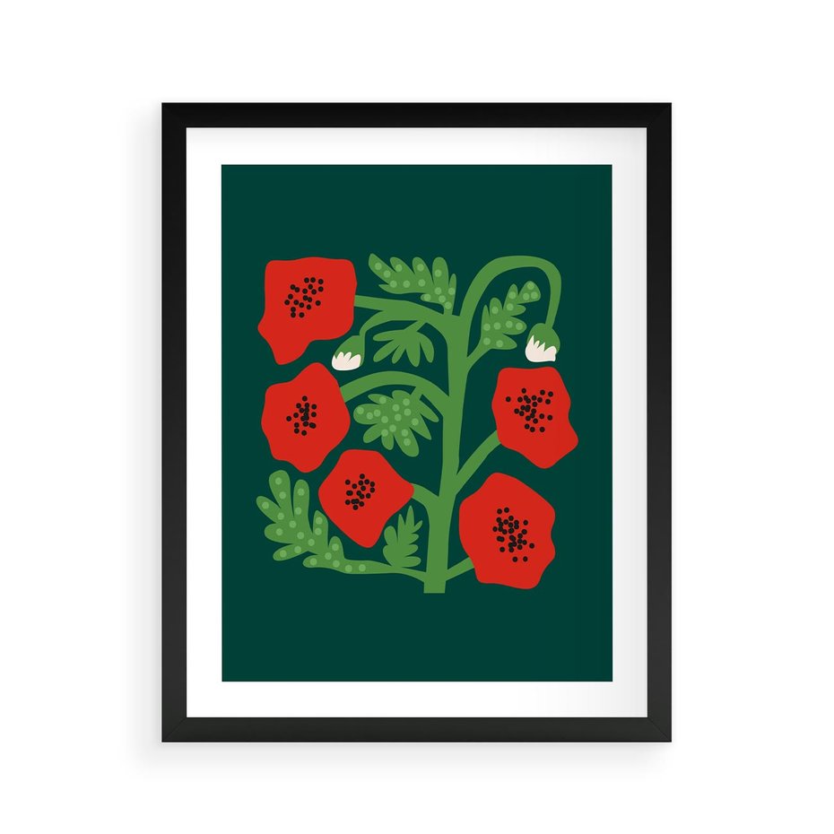 Plakat w ramie 40x50 - Księga Odbić - abstrakcyjna kwiatowa kompozycja, zielone  mocne tło - rama czarna