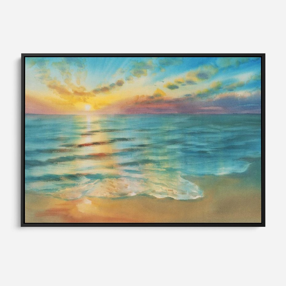 Obraz w ramie 70x50 - Objawienie Fioletowego Świtu - fioletowy wschód słońca, słońce wschodzi nad morzem - rama czarna