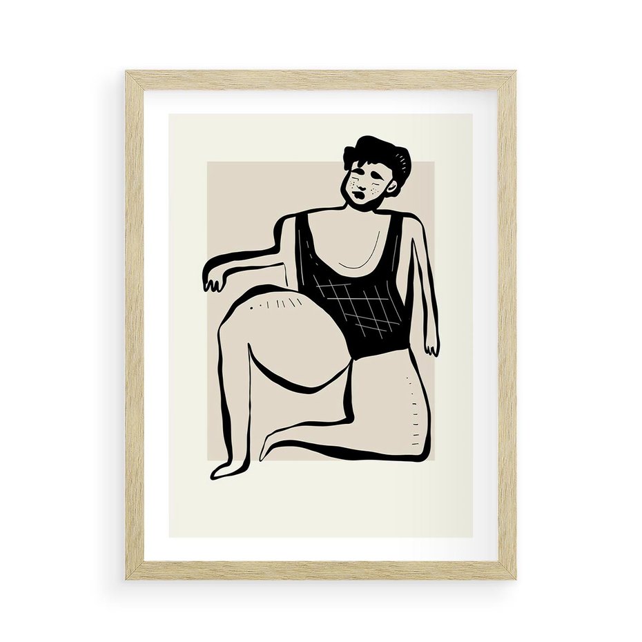 Plakat w ramie 50x70 - Szkic Kobiety w Czerni i Bieli - grafika, modern - rama drewno