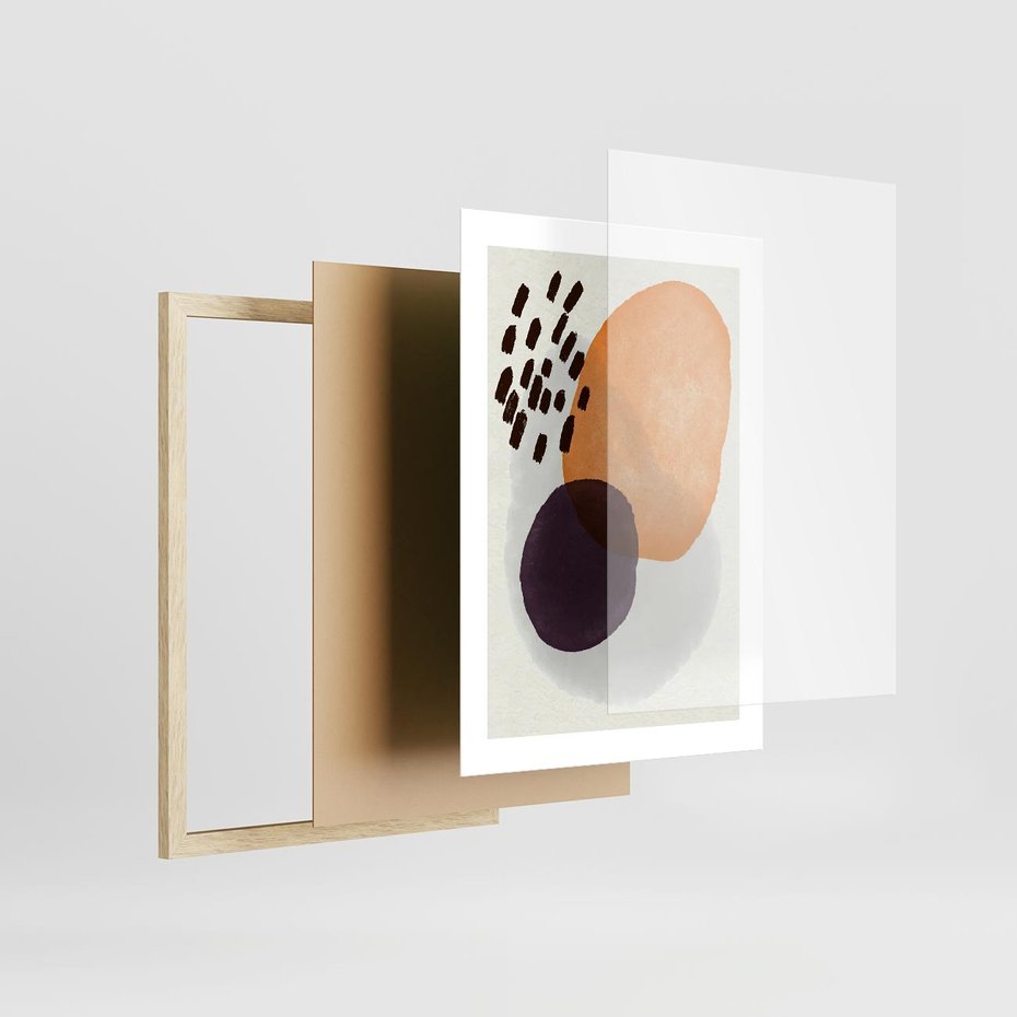 Plakat w ramie 30x40 - Kolorowe Akwarelowe Przenikanie - geometryczne elementy, stonowane ziemiste kolory - rama drewno