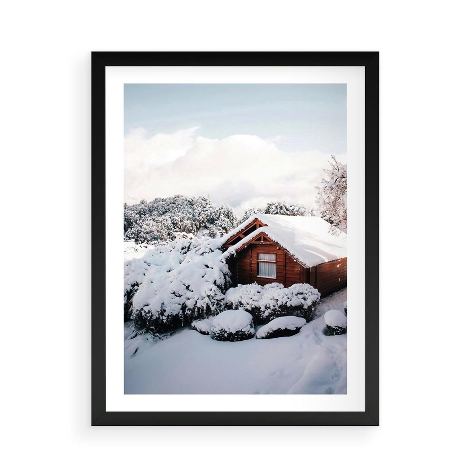 Plakat w ramie 50x70 - Zimowa Idylla w Górach - zima w górach, ośnieżone góry - rama czarna