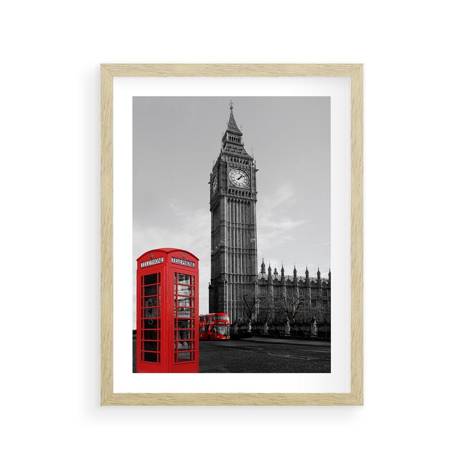 Plakat w ramie 30x40 - Budka telefoniczna przed Big Benem - budka, Londyn - rama drewno