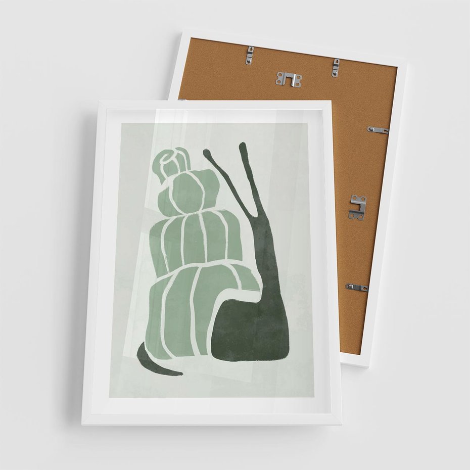 Plakat w ramie 50x70 - Zielona Równowaga - abstrakcyjny zielony ślimak, skandynawski design - rama biała