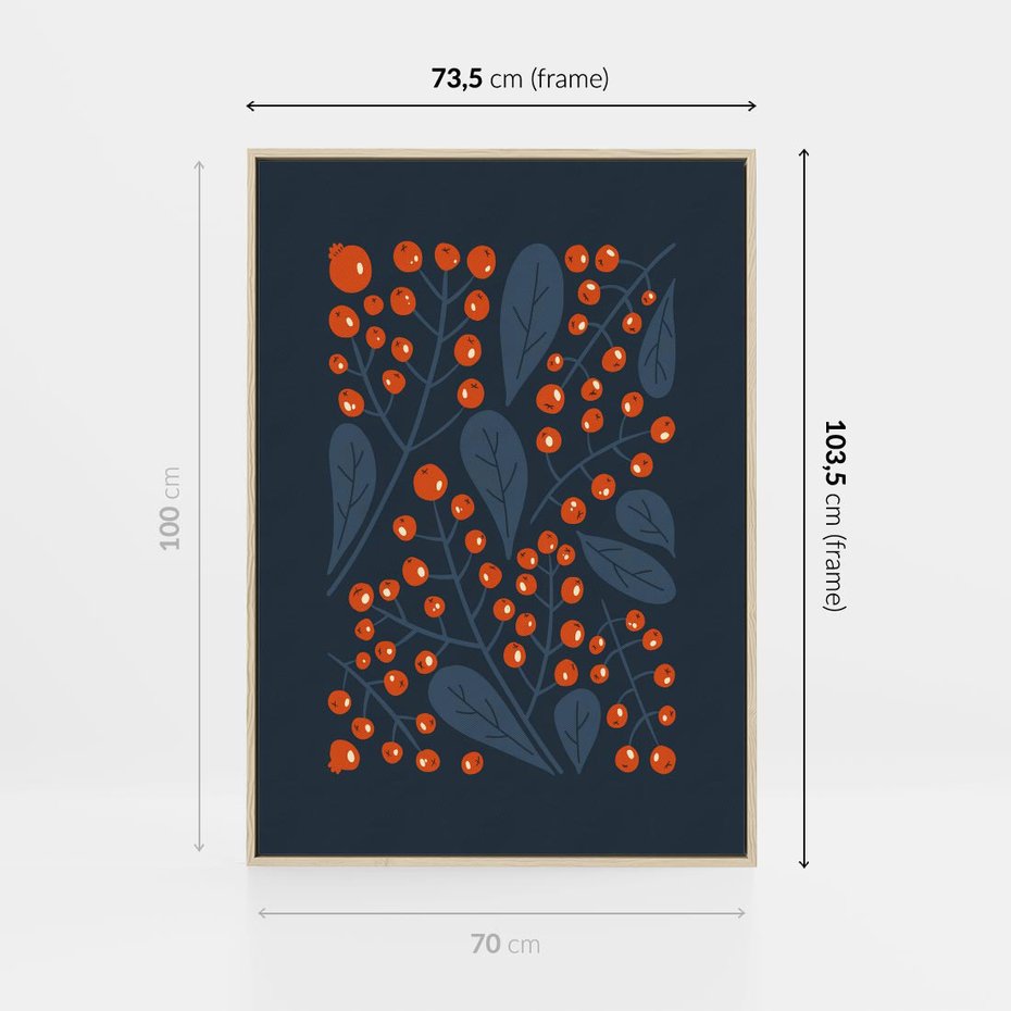 Obraz w ramie 70x100 - Symfonia liści i owoców - granatowe tło, pomarańczowe owoce jarzębiny - rama drewno