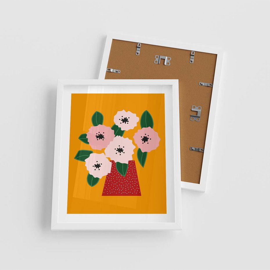 Plakat w ramie 40x50 - Harmonijne Granice - abstrakcyjne kwiaty, żółte tło - rama biała