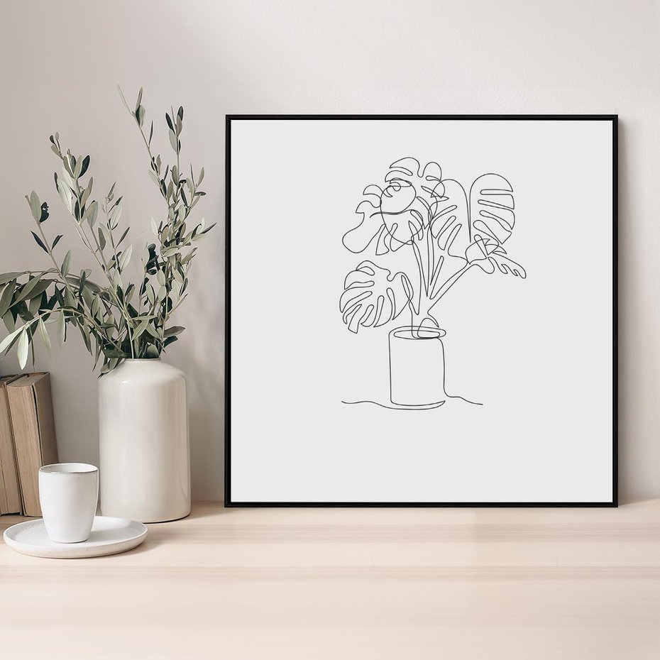 Obraz w ramie 50x50 - Tajemnicza Harmonia - sztuka one line, monstera - rama czarna