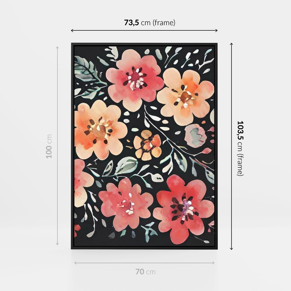 Obraz w ramie 70x100 - Labirynty melancholii - akwarelowe, pastelowe kwiaty na czarnym tle - rama czarna