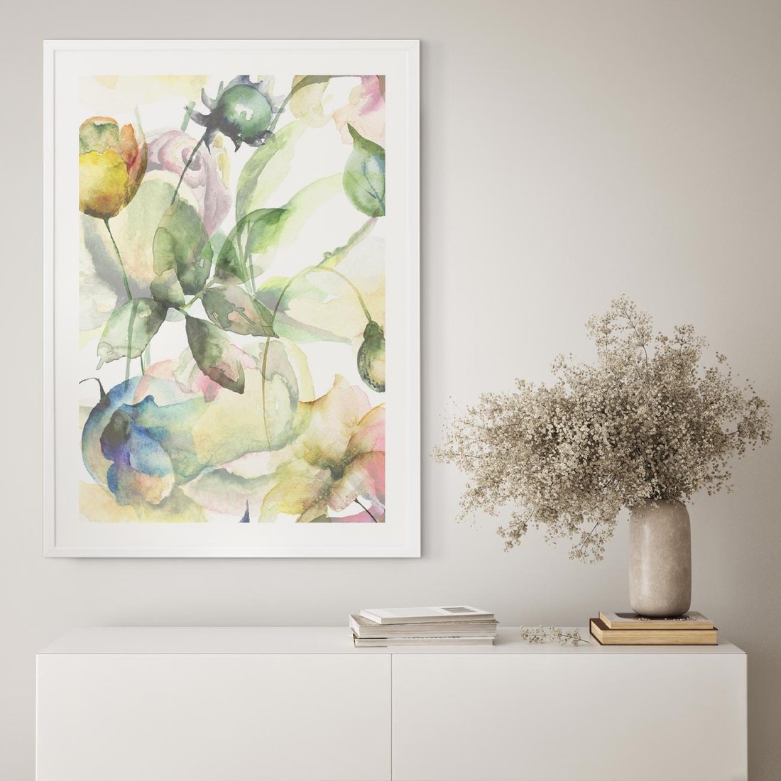 Plakat w ramie 40x50 - Delikatne Kolory - akwarelowe, kwiaty - rama biała