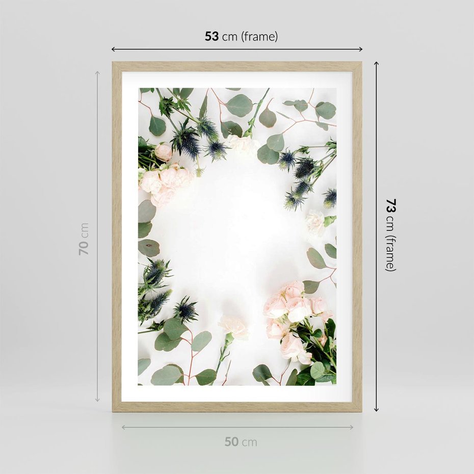 Plakat w ramie 50x70 - Róże i Zielone Liście - kompozycja kwiatowa, róże - rama drewno