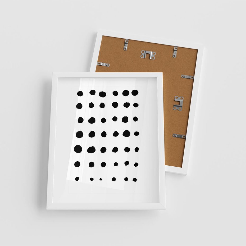 Plakat w ramie 40x50 - Refleksje Światła - minimalistyczna kompozycja, czarne kropkina białym tle - rama biała