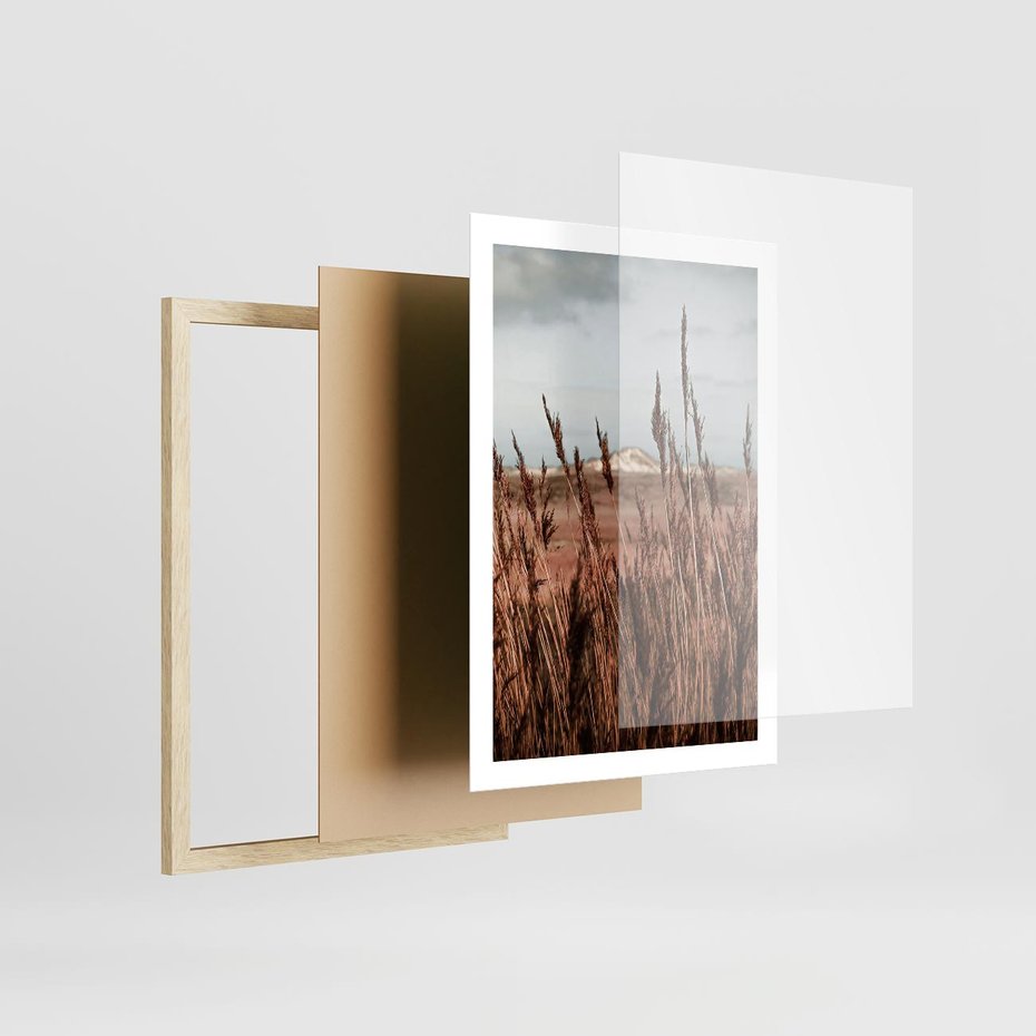 Plakat w ramie 50x70 - Wysokie Trawy w Górskim Krajobrazie - suche trawy, wysokie trawy - rama drewno