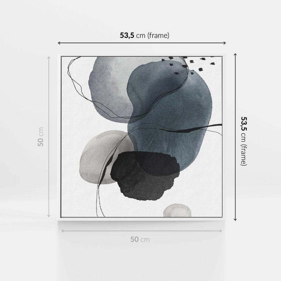 Obraz w ramie 50x50 - Wibracje Kształtów - abstrakcyjne plamy akwarelowe, czarny szkic - rama biała