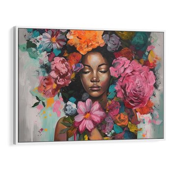 Obraz w ramie 70x50 - Z Głową w Kwiatach - obraz olejny, sztuka nowoczesna - rama biała