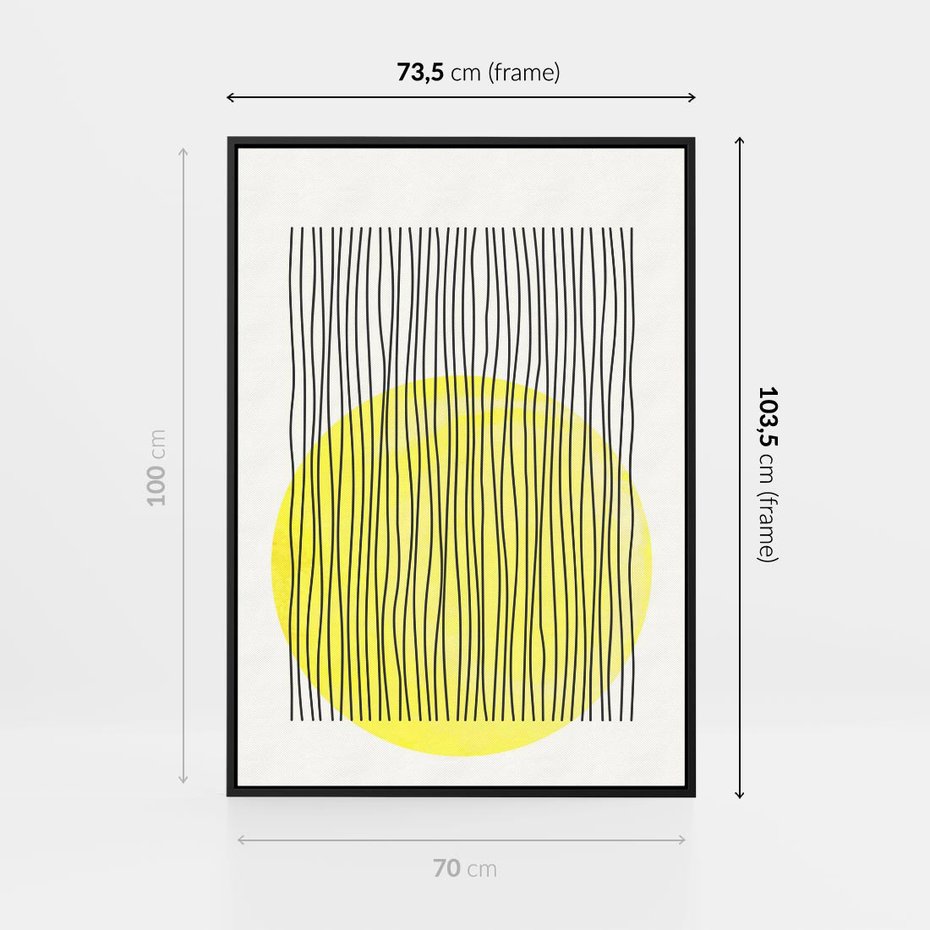 Obraz w ramie 70x100 - Ciepłe Przenikanie - geometria, żółte koło - rama czarna