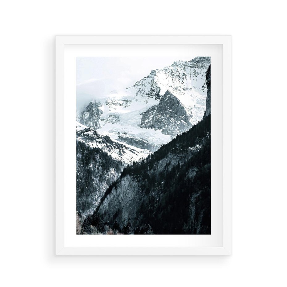 Plakat w ramie 40x50 - Góry w Zimowym Uścisku - góry, ośnieżone szczyty - rama biała