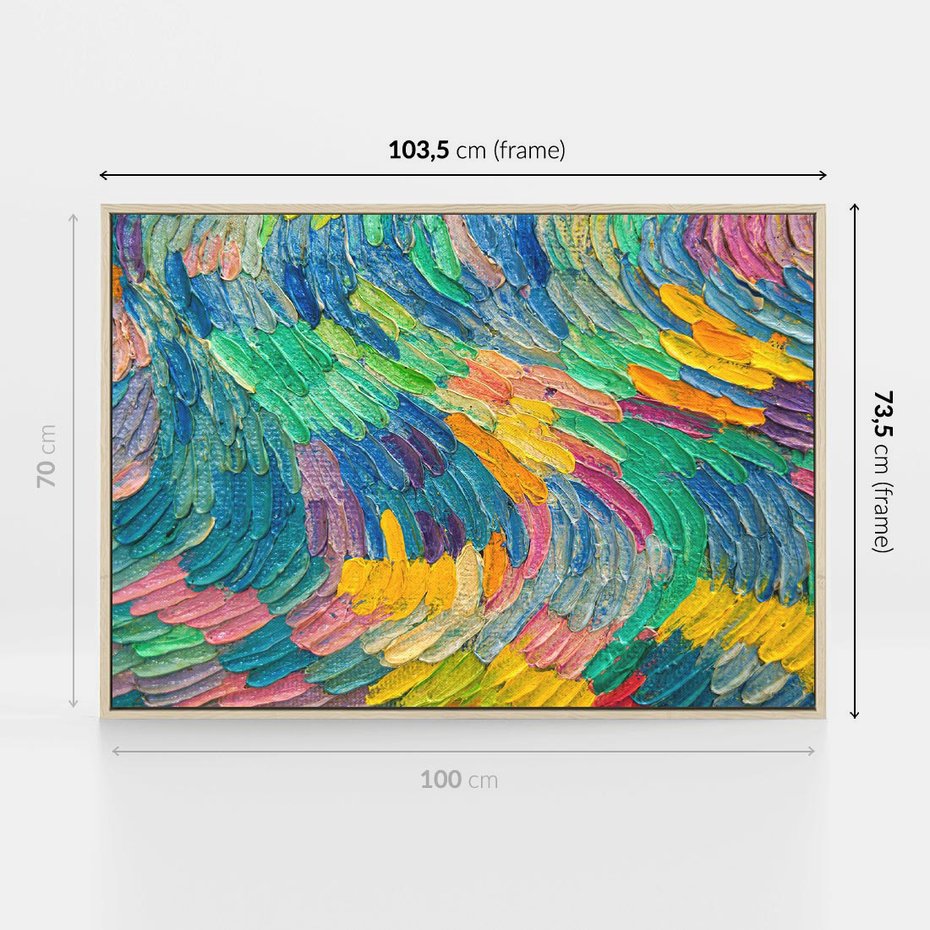 Obraz w ramie 100x70 - Egzotyczne Pióra - abstrakcyjne dzieło, farby olejne - rama drewno