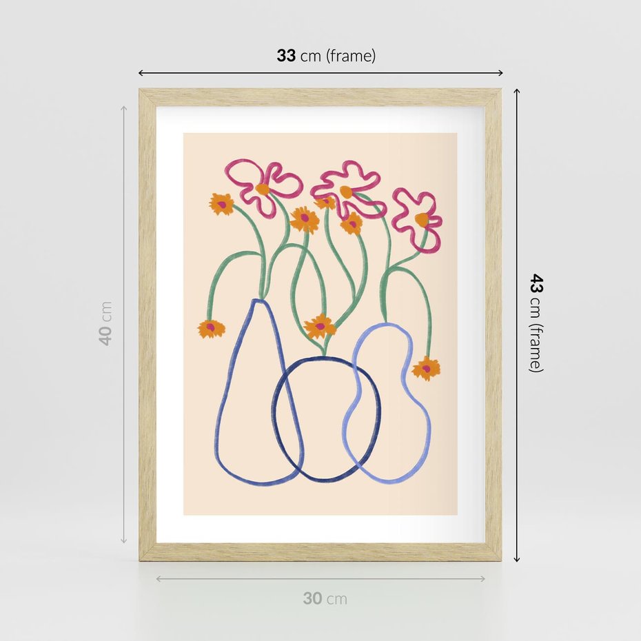 Plakat w ramie 30x40 - Migocące Pastelowe Impresje - minimalistyczny abstrakcyjny obraz, prymitywne kwiatki - rama drewno