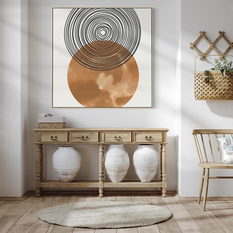 Obraz w ramie 50x50 - Taniec Okręgów - boho obraz, geometria - rama drewno