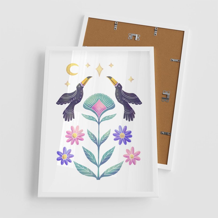 Plakat w ramie 50x70 - Przenikająca Dżungla - boho plakat, tukany - rama biała