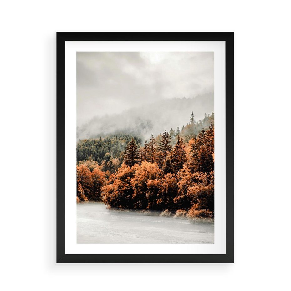 Plakat w ramie 50x70 - Jesienna Mgła - las, góry - rama czarna