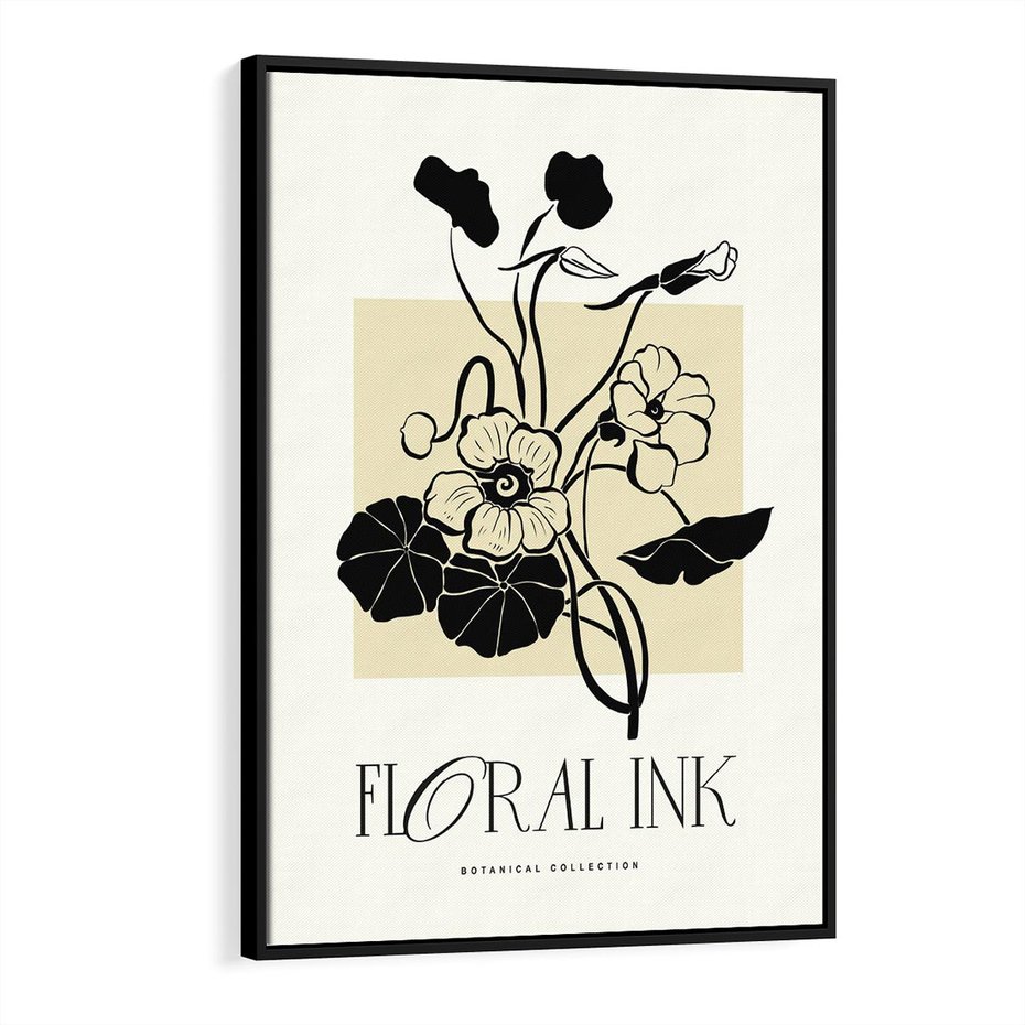 Obraz w ramie 70x100 - Podróż linii kwiatowego czasu - kwiaty, typografia - rama czarna
