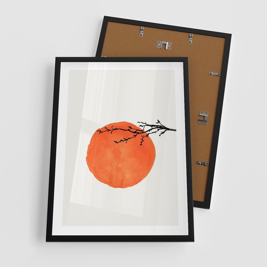 Plakat w ramie 50x70 - Słońce i Gałązka - pomarańczowe słońce, gałązka - rama czarna