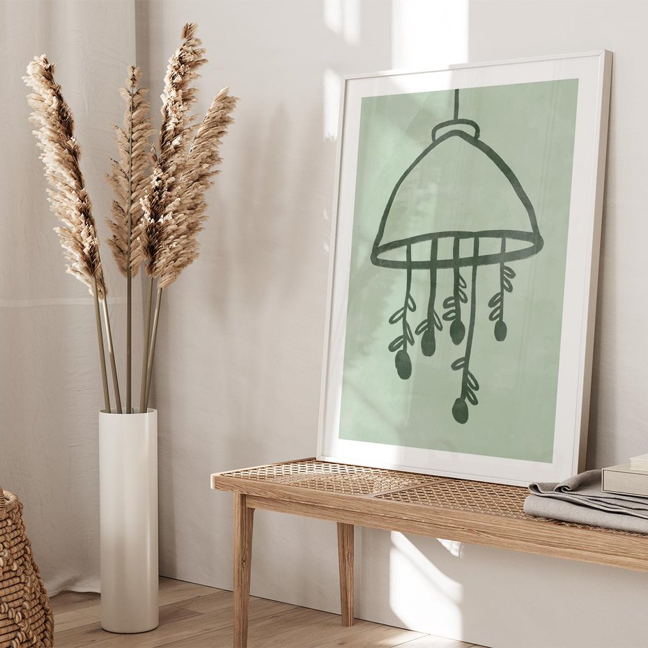 Plakat bez ramy 50x70 - Zieleń Inspirującego Spokoju - plakat z abstrakcyjną zieloną lampą, skandynawski design