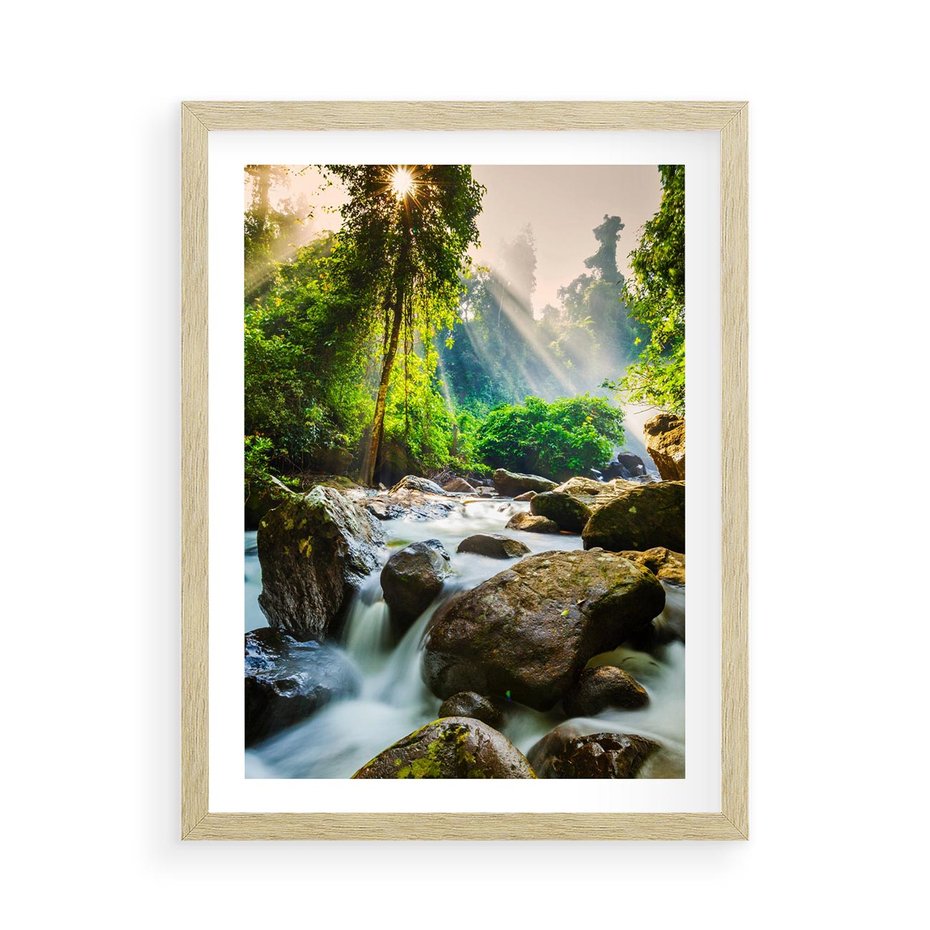 Plakat w ramie 50x70 - Idylliczny strumyk w urokliwym lesie - strumyk, las - rama drewno
