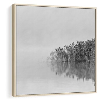 Obraz w ramie 50x50 - Mglisty Brzeg Jeziora - czarno białe zdjęcie, zamglone jezioro - rama drewno
