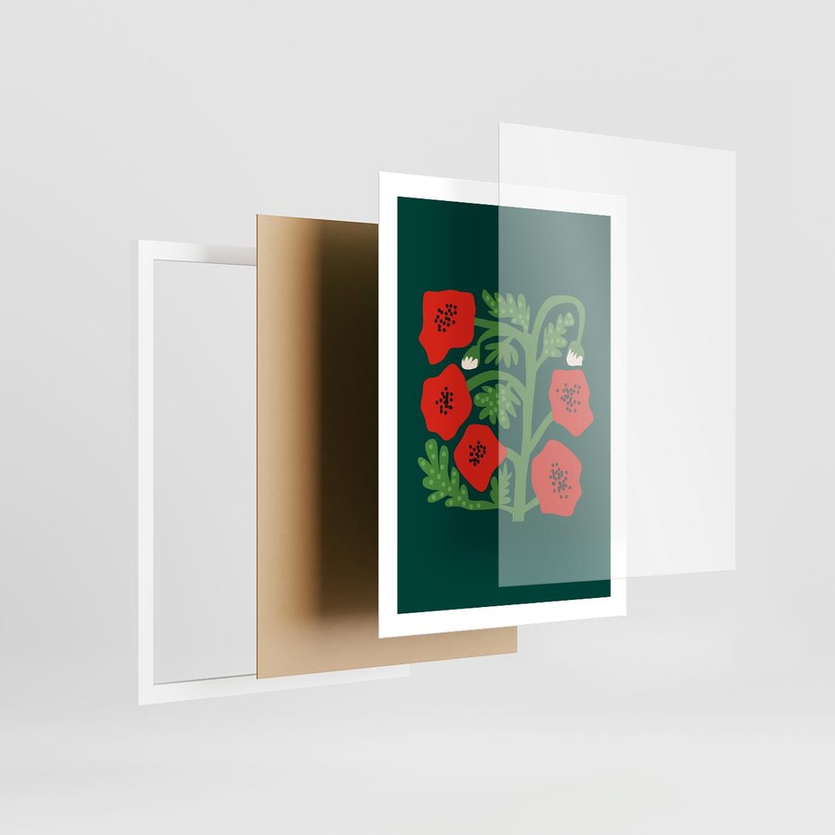 Plakat w ramie 50x70 - Księga Odbić - abstrakcyjna kwiatowa kompozycja, zielone mocne tło - rama biała