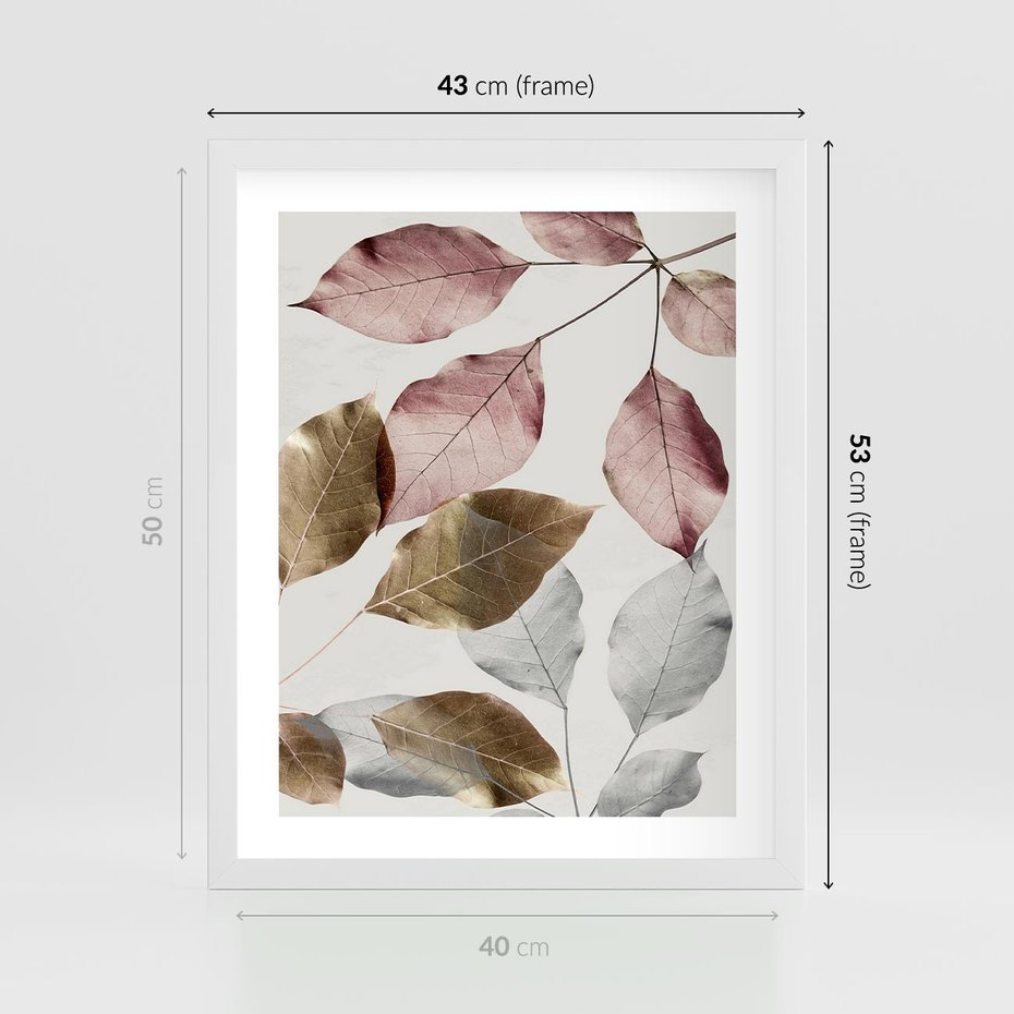 Plakat w ramie 40x50 - Pastelowe Liście z Nutką Złota - liście, pastelowe kolory - rama biała