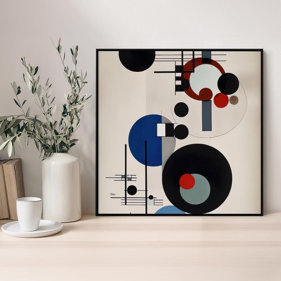 Obraz w ramie 50x50 - Rozkwitające Wibracje Wyobraźni - abstrakcyjna geometryczna kompozycja, koła linie - rama czarna