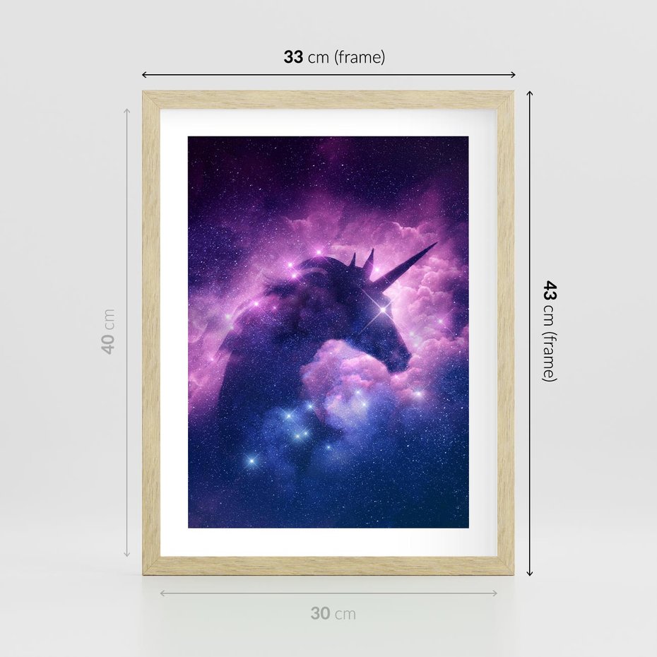 Plakat w ramie 30x40 - Mityczna podróż - kosmos, jednorożec - rama drewno