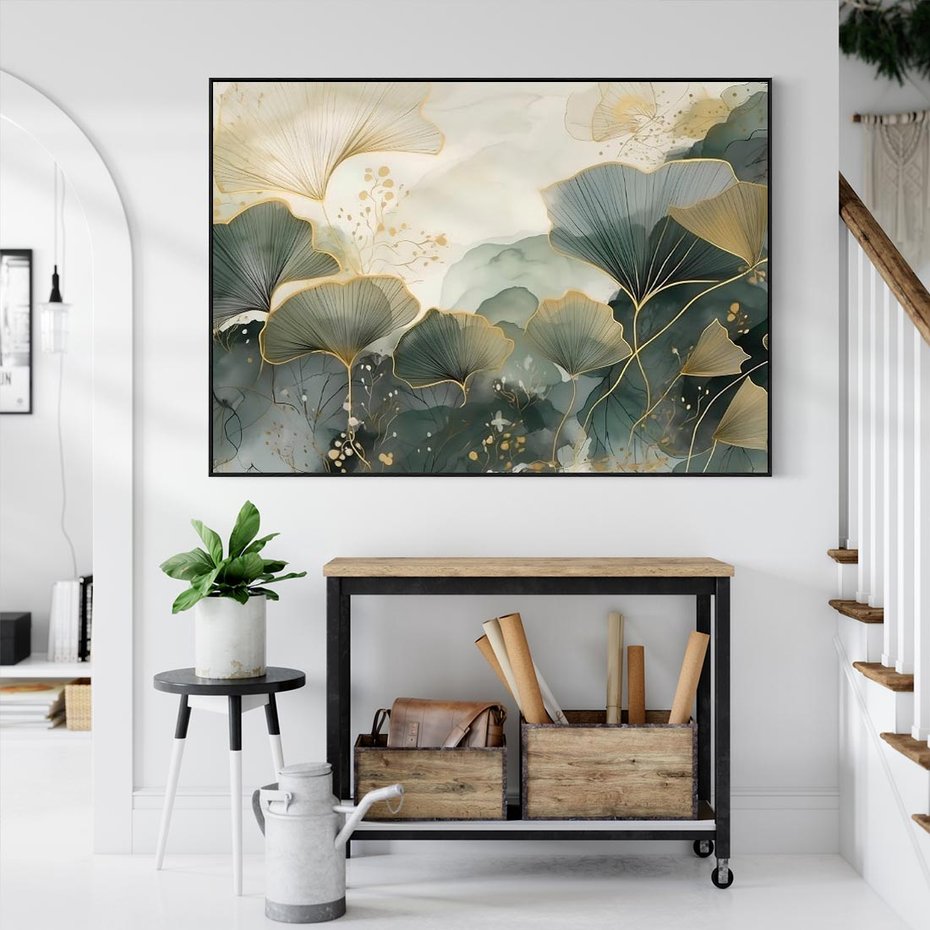 Obraz w ramie 70x50 - Natura w Złotym Odcieniu - złote elementy, liście miłorzębu japońskiego - rama czarna