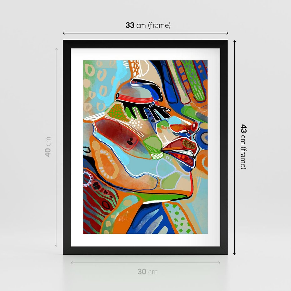Plakat w ramie 30x40 - Kolorowe Wnętrza Kształtów - abstrakcyjny portret kobiety, twarz - rama czarna