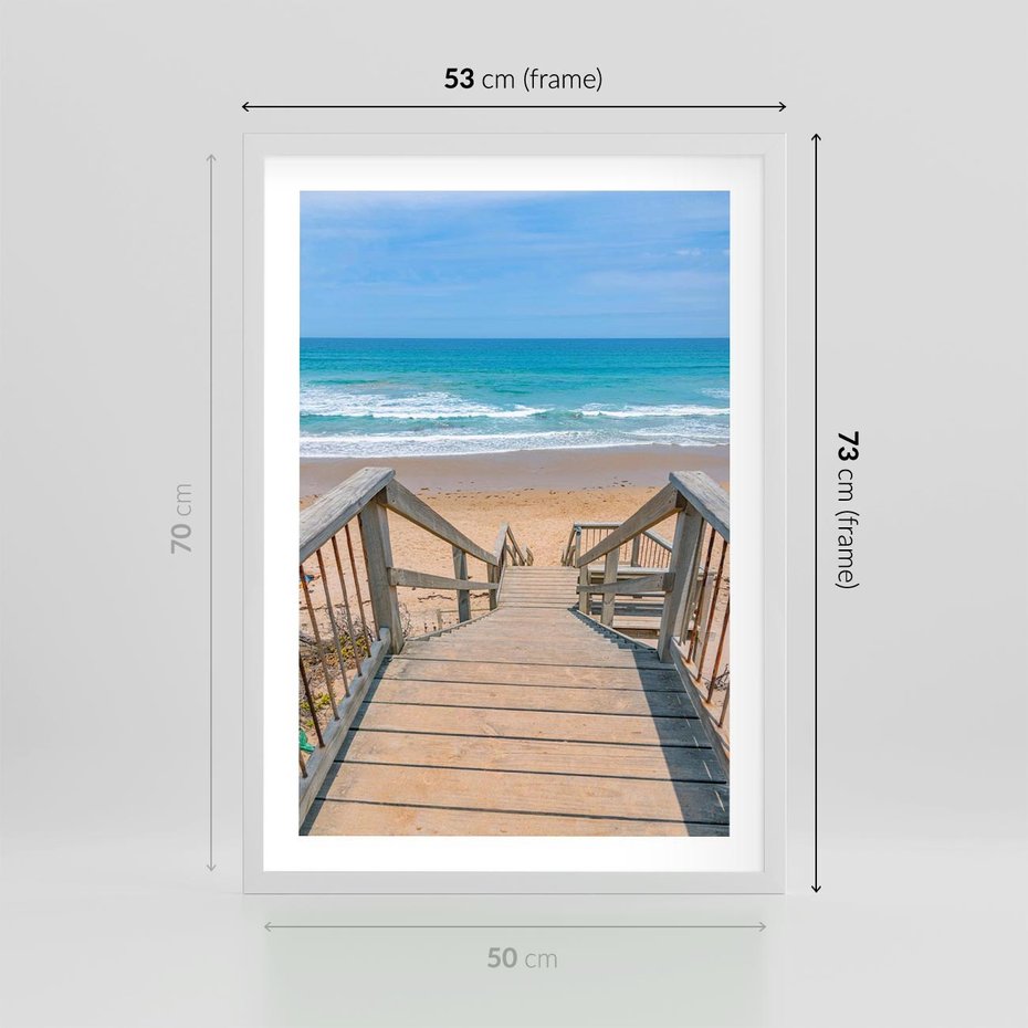 Plakat w ramie 50x70 - Pomost ku Morzu - pomost na plaży, morze - rama biała